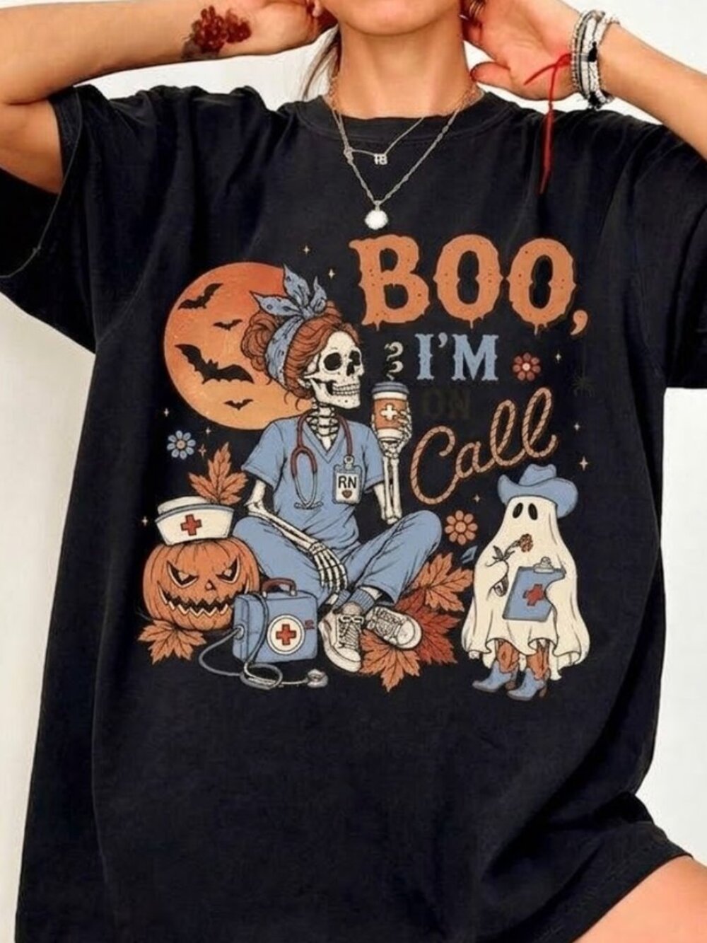 Boo I'm On Call Halloween Nurse Doodle Graphic Tee